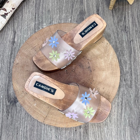 Candie’s | Vintage Flower Square Toe Slip On Wood Platform Sandals Y2K Size 5 - Picture 4 of 14